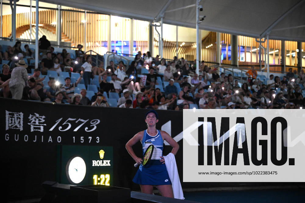 TENNIS AUSTRALIAN OPEN, Storm Hunter of Australia waits during a power outage during her Women?s Singles 1st Round match against Xinyu Wang of China during the 2023 Australian Open tennis tournament at Melbourne Park in Melbourne, Monday, January 16, 2023. ( NO ARCHIVING, , NO USE IN BOOKS WITHOUT CONSENT MELBOURNE VICTORIA AUSTRALIA