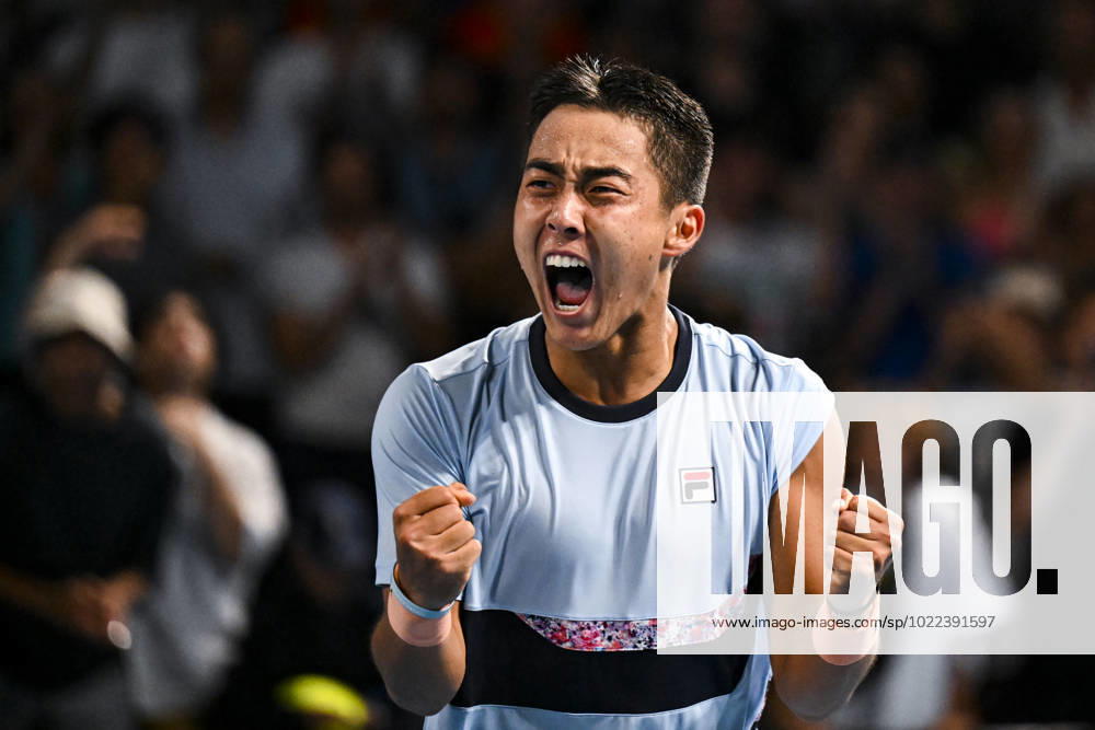 TENNIS AUSTRALIAN OPEN, Rinky Hijikata of Australia celebrates after winning his Men?s Singles 1st Round match against Yannick Hanfmann of Germany on Day 1 of the 2023 Australian Open tennis tournament at Melbourne Park in Melbourne, Monday, January 16, 2023. ( NO ARCHIVING, , NO USE IN BOOKS WITHOUT CONSENT MELBOURNE VICTORIA AUSTRALIA