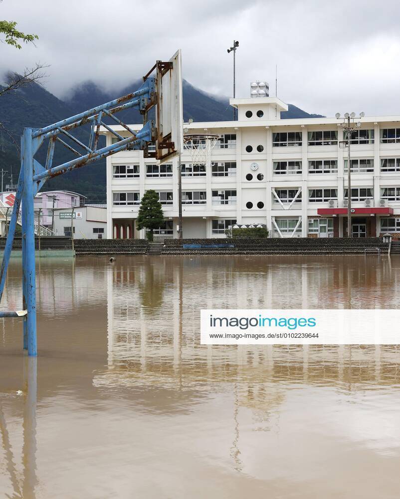 Torrential rain in central Japan Photo taken on July 8, 2020, shows an inundated school ground in Gero in Gifu Prefecture after torrential rain lashed central Japan.