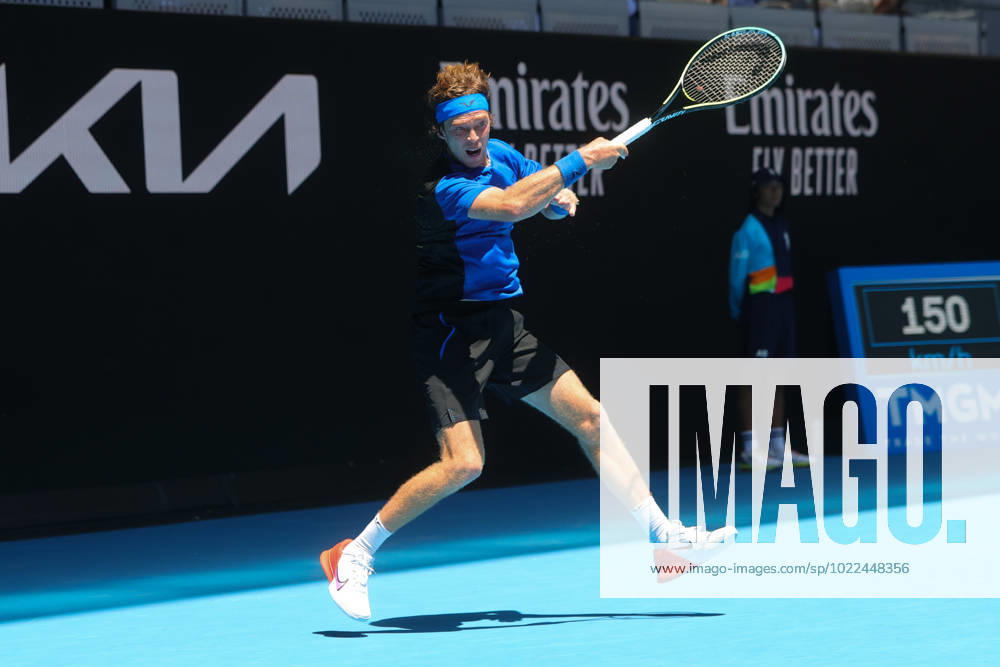 Andrey Rublev in action during round 1 match between Dominic Thiem of Austria and Andrey Rublev Day 2 at the Australian Open Tennis 2023 at John Cain Arena, Melbourne, Australia on 17 January 2023.