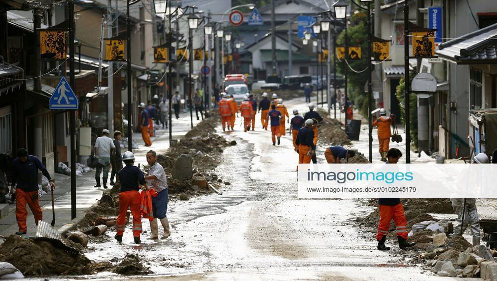 Torrential rain in central Japan Photo taken on July 8, 2020, shows a damaged street in Gero, Gifu Prefecture, central Japan, after flooding caused by torrential rain.