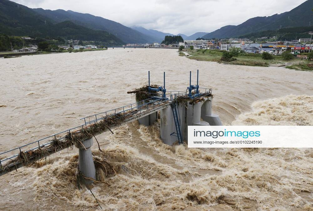 Torrential rain in central Japan Photo taken on July 8, 2020, shows the swollen Hida River in Gero, Gifu Prefecture, central Japan, after torrential rain.