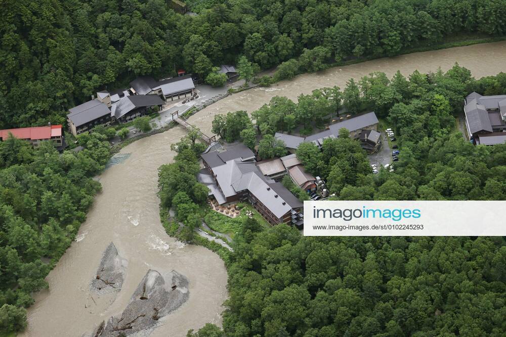Torrential rain in central Japan Photo taken from a Kyodo News helicopter on July 8, 2020, shows a swollen river in Matsumoto, Nagano Prefecture, central Japan, after torrential rain.