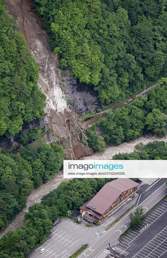 Torrential rain in central Japan Photo taken from a Kyodo News helicopter on July 8, 2020, shows the site of a mudslide in Matsumoto, Nagano Prefecture, central Japan, after torrential rain.