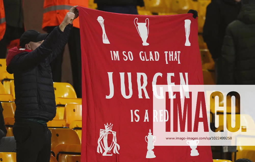 Wolverhampton, England, 17th January 2023. Liverpool fans backing Jurgen Klopp manager of Liverpool with a banner before the The FA Cup third round replay match at Molineux, Wolverhampton. Picture credit should read: Andrew Yates Sportimage . SPI-2171-0007