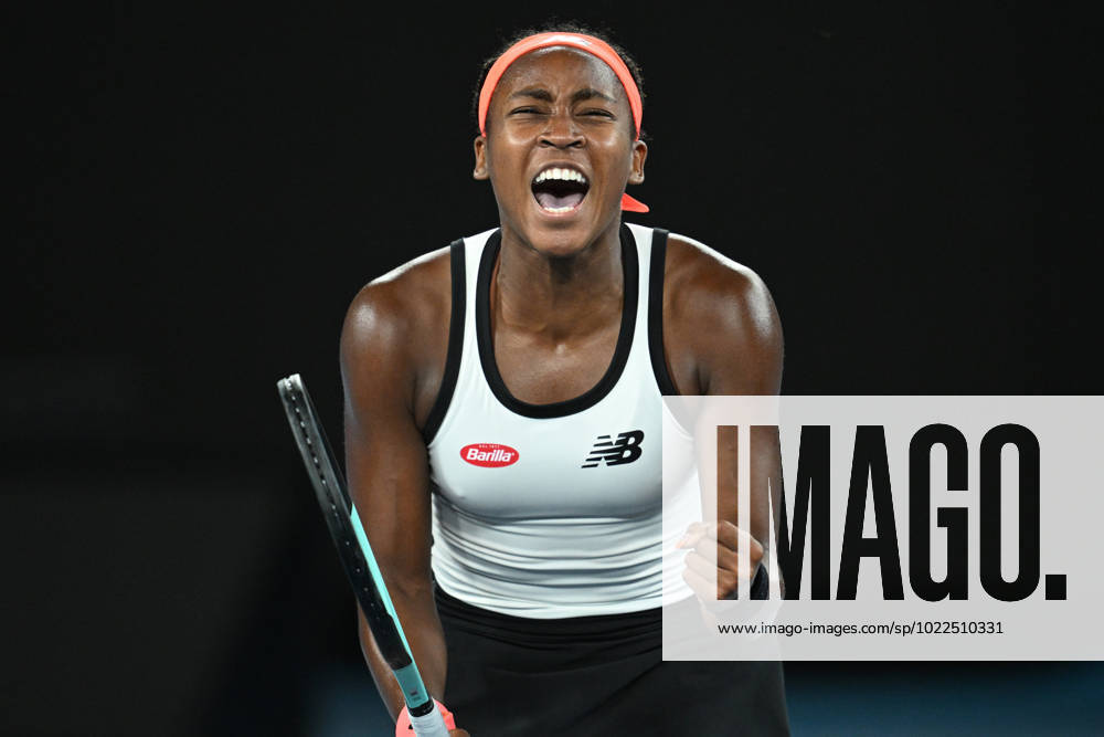 TENNIS AUSTRALIAN OPEN, Coco Gauff of the U.S. celebrates during her match against Emma Raducanu of Great Britain during the 2023 Australian Open tennis tournament at Melbourne Park in Melbourne, Wednesday, January 18, 2023. ( NO ARCHIVING, , NO USE IN BOOKS WITHOUT CONSENT MELBOURNE VICTORIA AUSTRALIA
