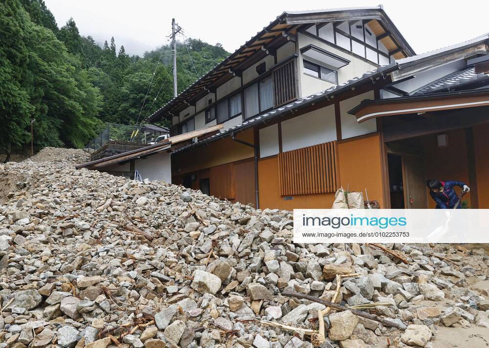Torrential rain in central Japan Photo taken July 9, 2020, shows the site of a mudslide in Gero, Gifu Prefecture, central Japan, triggered by torrential rain.