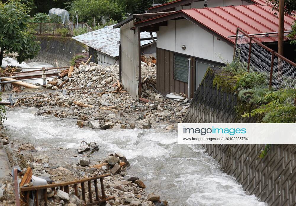 Torrential rain in central Japan Photo taken July 9, 2020, shows the site of a mudslide in Gero, Gifu Prefecture, central Japan, triggered by torrential rain.