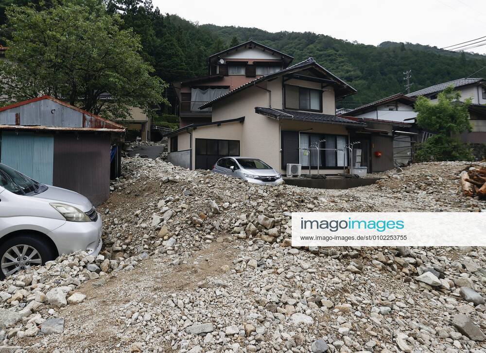 Torrential rain in central Japan Photo taken July 9, 2020, shows the site of a mudslide in Gero, Gifu Prefecture, central Japan, triggered by torrential rain.
