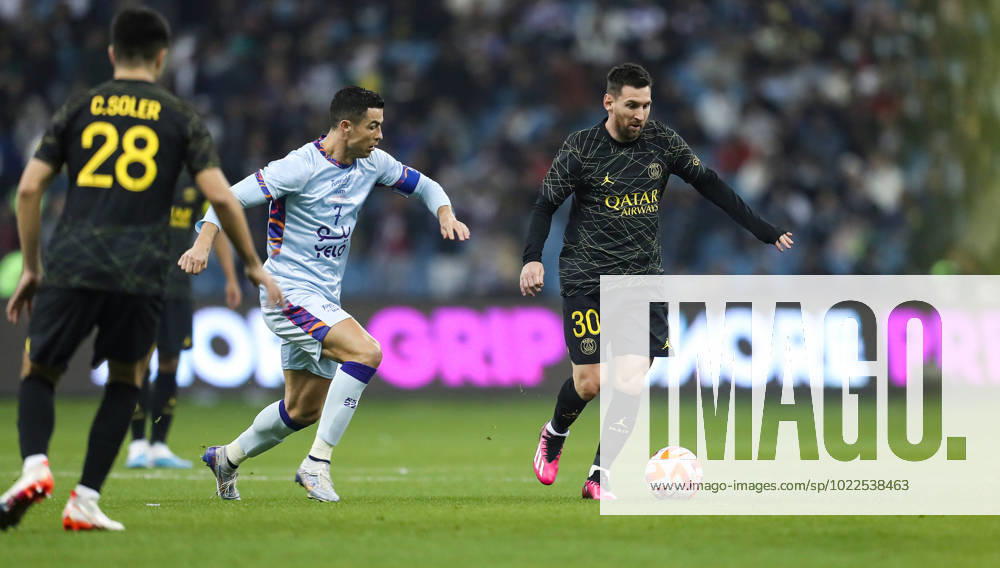 Riyadh All-Star XI vs Paris Saint-Germain FC Lionel Messi (R) and Cristiano Ronaldo in action during the Riyadh All-Star XI vs Paris Saint-Germain FC at King Fahd Stadium on January 19, 2023 in Riyadh, Saudi Arabia. Riyadh King Fahd Stadium Saudi Arabia
