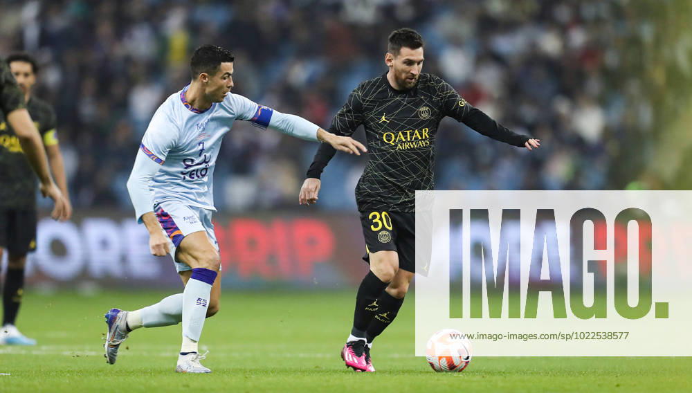 Riyadh All-Star XI vs Paris Saint-Germain FC Lionel Messi (R) and Cristiano Ronaldo in action during the Riyadh All-Star XI vs Paris Saint-Germain FC at King Fahd Stadium on January 19, 2023 in Riyadh, Saudi Arabia. Riyadh King Fahd Stadium Saudi Arabia