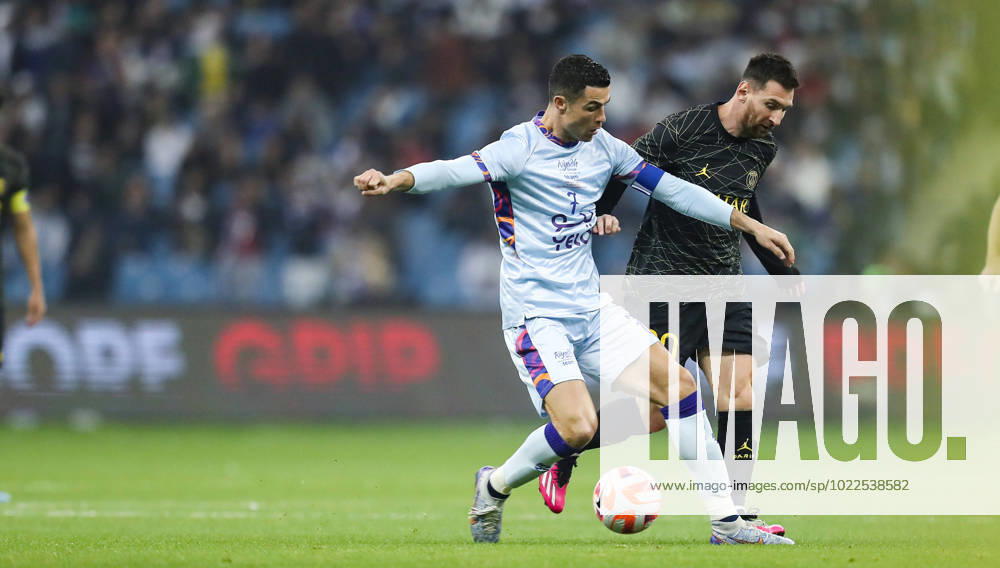 Riyadh All-Star XI vs Paris Saint-Germain FC Lionel Messi (R) and Cristiano Ronaldo in action during the Riyadh All-Star XI vs Paris Saint-Germain FC at King Fahd Stadium on January 19, 2023 in Riyadh, Saudi Arabia. Riyadh King Fahd Stadium Saudi Arabia