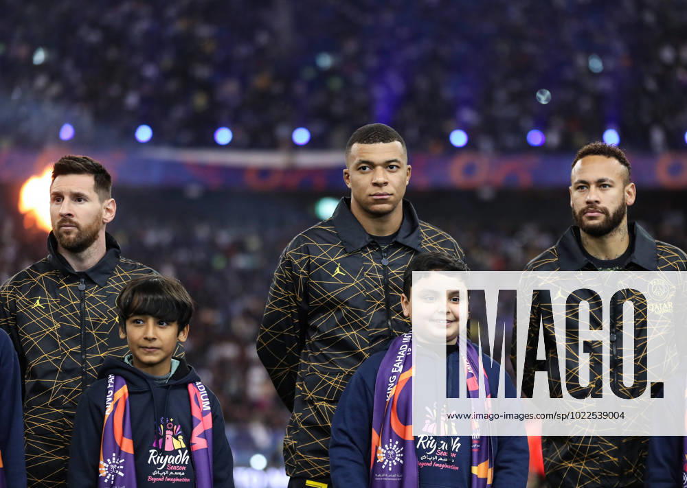 Riyadh All-Star XI vs Paris Saint-Germain FC Lionel Messi, Kylian Mbappe and Neymar Jr look on prior the Riyadh All-Star XI vs Paris Saint-Germain FC at King Fahd Stadium on January 19, 2023 in Riyadh, Saudi Arabia. Riyadh King Fahd Stadium Saudi Arabia