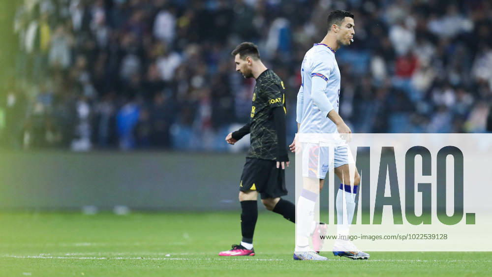 Riyadh All-Star XI vs Paris Saint-Germain FC Cristiano Ronaldo spits as Lionel Messi walks near during the Riyadh All-Star XI vs Paris Saint-Germain FC at King Fahd Stadium on January 19, 2023 in Riyadh, Saudi Arabia. Riyadh King Fahd Stadium Saudi Arabia