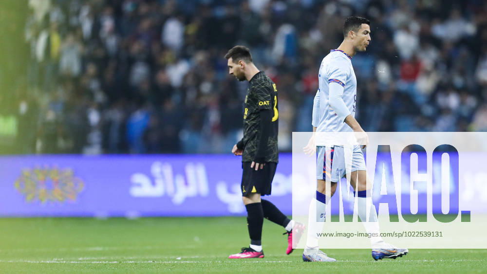 Riyadh All-Star XI vs Paris Saint-Germain FC Cristiano Ronaldo spits as Lionel Messi walks near during the Riyadh All-Star XI vs Paris Saint-Germain FC at King Fahd Stadium on January 19, 2023 in Riyadh, Saudi Arabia. Riyadh King Fahd Stadium Saudi Arabia