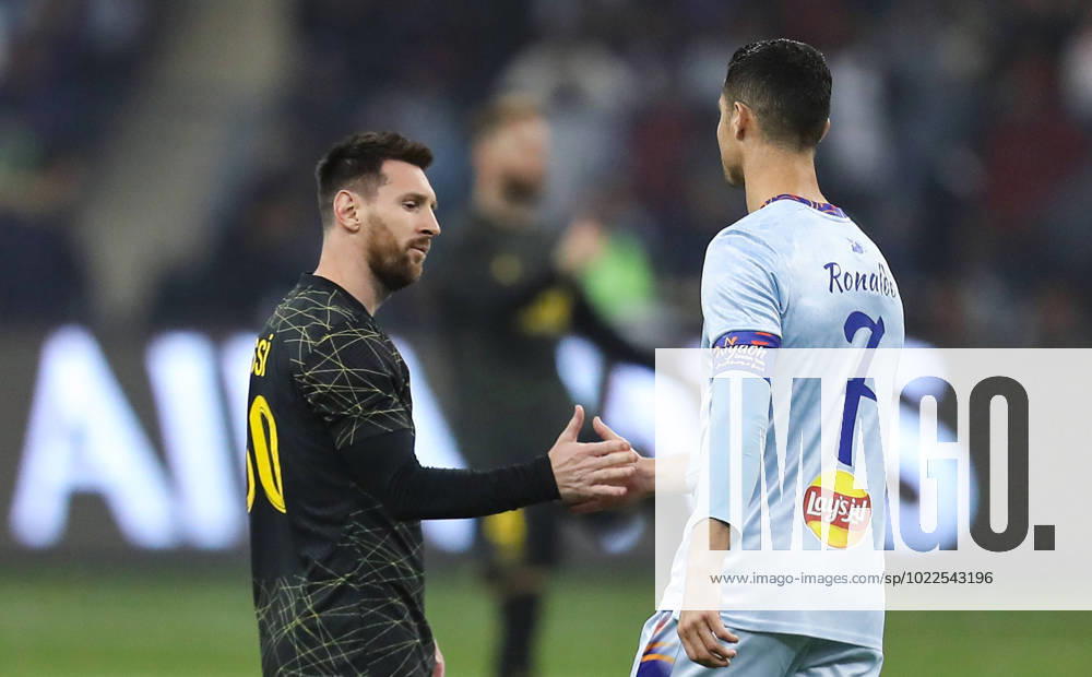 Riyadh All-Star XI vs Paris Saint-Germain FC Lionel Messi (L) and Cristiano Ronaldo great each other prior Riyadh All-Star XI vs Paris Saint-Germain FC at King Fahd Stadium on January 19, 2023 in Riyadh, Saudi Arabia. Riyadh King Fahd Stadium Saudi Arabia