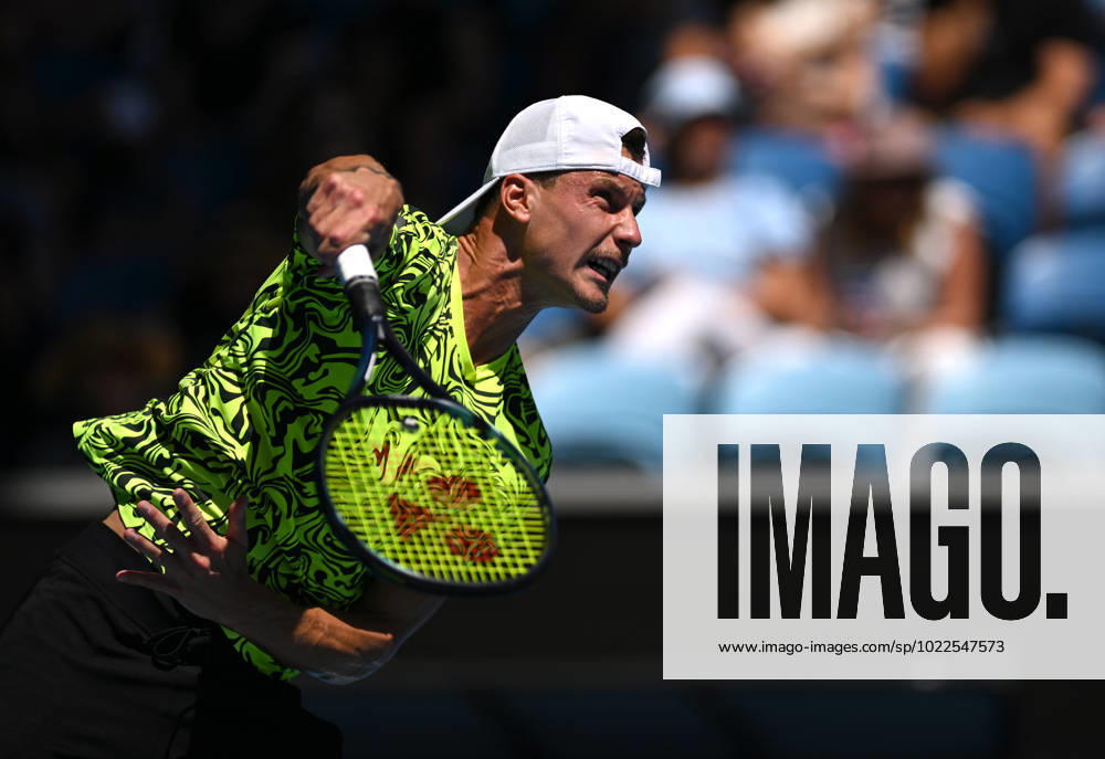 TENNIS AUSTRALIAN OPEN, Marton Fucsovics of Hungary serves during his third round match against Jannik Sinner of Italy at the 2023 Australian Open tennis tournament at Melbourne Park in Melbourne, Friday, January 20, 2023. ( NO ARCHIVING, , NO USE IN BOOKS WITHOUT CONSENT MELBOURNE VICTORIA AUSTRALIA