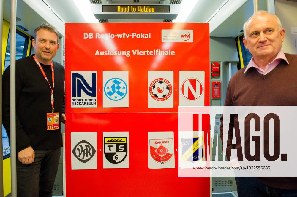 Draws Board with results li Heiner Bausmeister Press spokesman wfv re Harald Mueller wfv Match Committee Chairman GER, Stuttgart, Draw for the quarterfinal and semifinal matches in the DB Regio wfv Mens Cup 2022 23, 20 01 2023, Stuttgart Central Station Track 1 in a Bombardier class 442 electric railcar, which usually runs on the Gäu or Murrbahn GER, Stuttgart, DB Regio wfv Mens Cup 2022 23