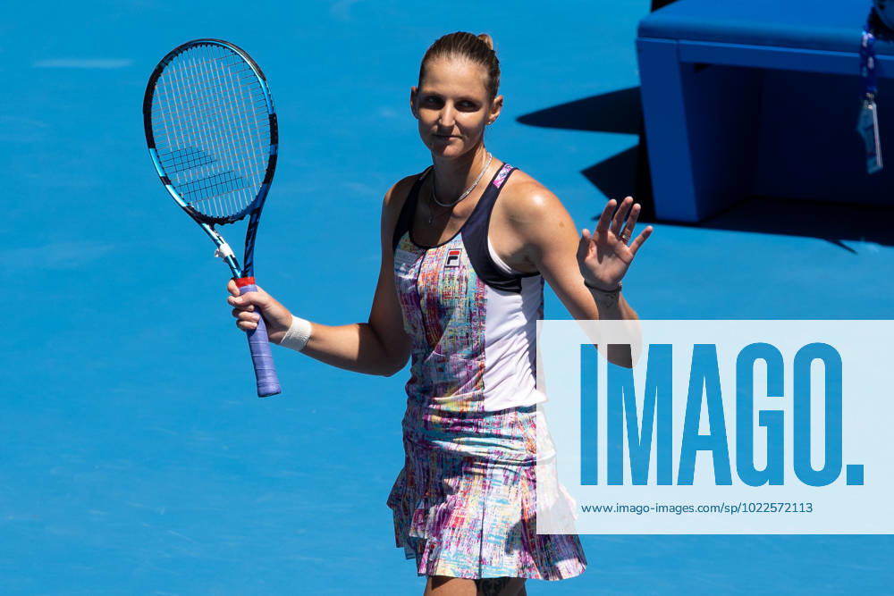 Karolina Pliskova of Czech Republic celebrates defeating Varvara Gracheva 6-4 6-2 during round 3 match between Karolina Pliskova of Czech Republic and Varvara Gracheva, Day 6 at the Australian Open Tennis 2023 at Rod Laver Arena, Melbourne, Australia on 21 January 2023.