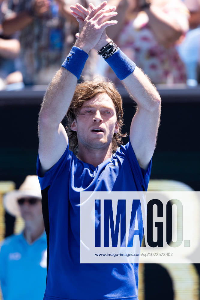 Andrey Rublev celebrates defeating Daniel Evans of United Kingdom 6-4 6-2 6-3 in the round 3 match between Andrey Rublev and Daniel Evans of United Kingdom, Day 6 at the Australian Open Tennis 2023 at Margaret Court Arena, Melbourne, Australia on 21 January 2023.