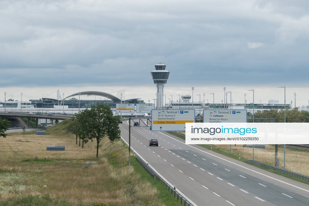 Impact Corona Munich Airport In the picture Motorway feeder tower Terminal 1 Terminal 2 Munich Airport signs Bayer Germany