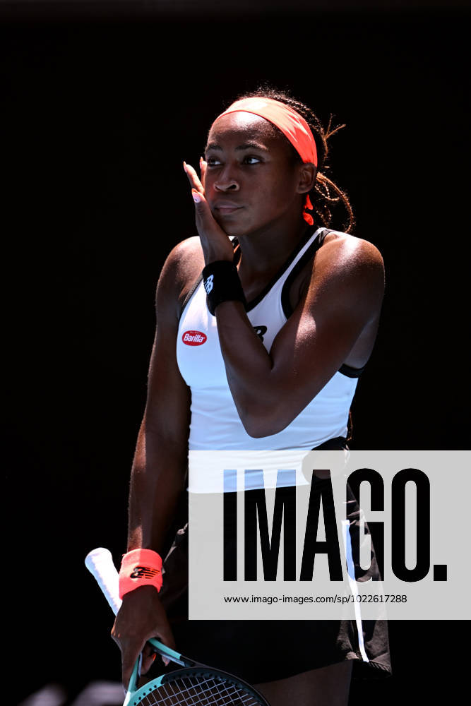 TENNIS AUSTRALIAN OPEN, Coco Gauff of the USA reacts during her 4th round match against Jelena Ostapenko of Latvia during the 2023 Australian Open tennis tournament at Melbourne Park in Melbourne, Sunday, January 22, 2023. ( NO ARCHIVING, , NO USE IN BOOKS WITHOUT CONSENT MELBOURNE VICTORIA AUSTRALIA