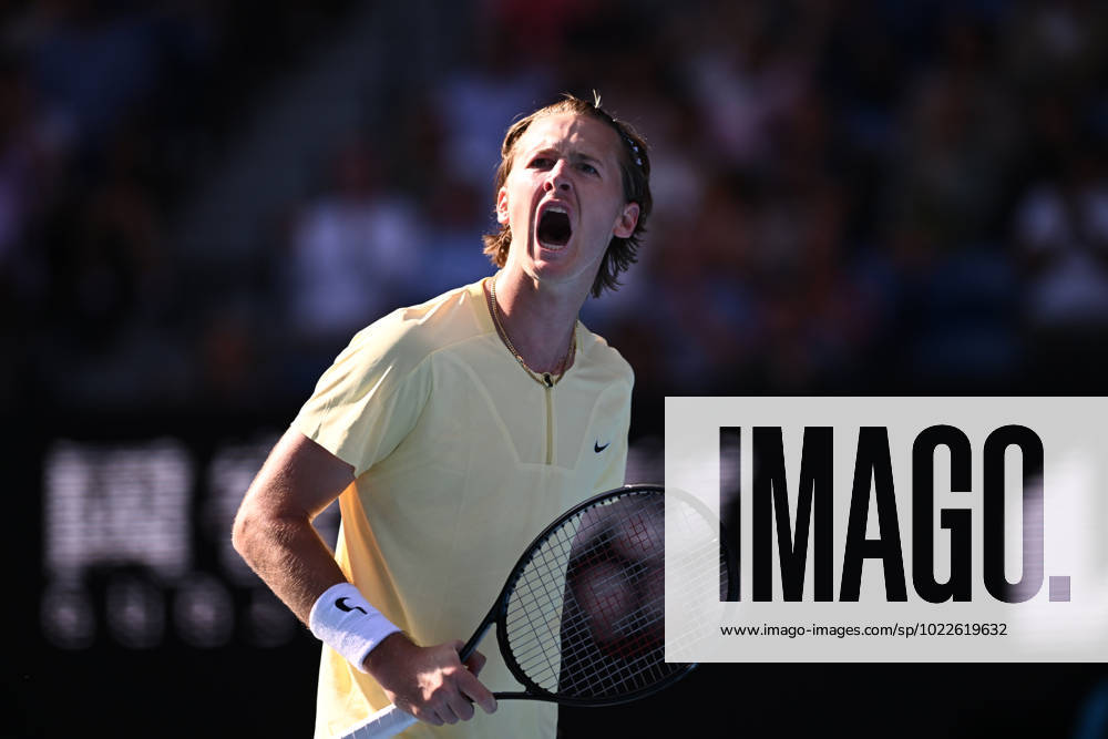 TENNIS AUSTRALIAN OPEN, Sebastian Korda of the USA reacts during his 4th round match against Hubert Hurkacz of Poland at the 2023 Australian Open tennis tournament at Melbourne Park in Melbourne, Sunday, January 22, 2023. ( NO ARCHIVING, , NO USE IN BOOKS WITHOUT CONSENT MELBOURNE VICTORIA AUSTRALIA