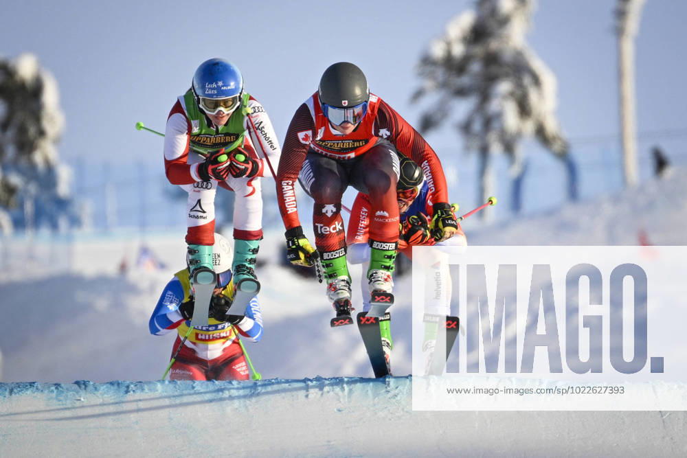 Canada s Tiana Gairns red , Austria s Sonja Gigler green , France s Marielle Berger Sabbatel yellow and Switzerland s Sixtine Cousin blue in action during the women s Ski Cross Small final of the FIS Freestyle Skiing World Cup in Idre, Sweden, on Jan 22, 2023 IDRE SWEDEN ALPINE SKIING