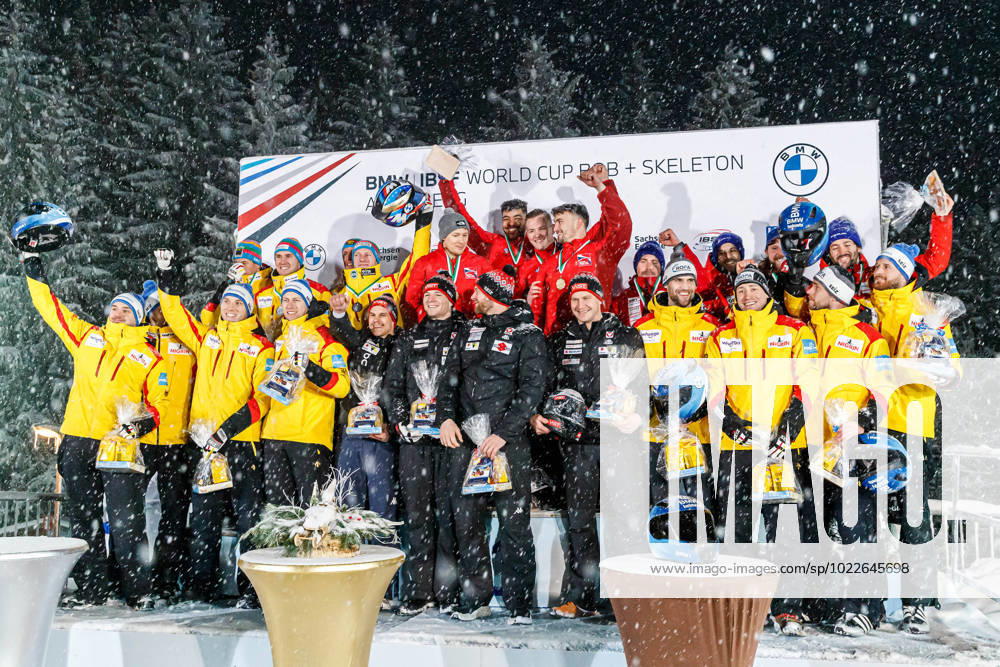 Award Ceremony 4 seater Bobsleigh top from left Team Friedrich GER, Germany , Team Hall GBR, Great Britain , Team Vogt SUI, Switzerland bottom from left Team Lochner GER, Germany , Team Treichl AUT, Austria , Team Hafer GER, Germany , 1 22 2023, Altenberg Germany , BMW IBSF World Cup Bobsleigh and Skeleton Altenberg