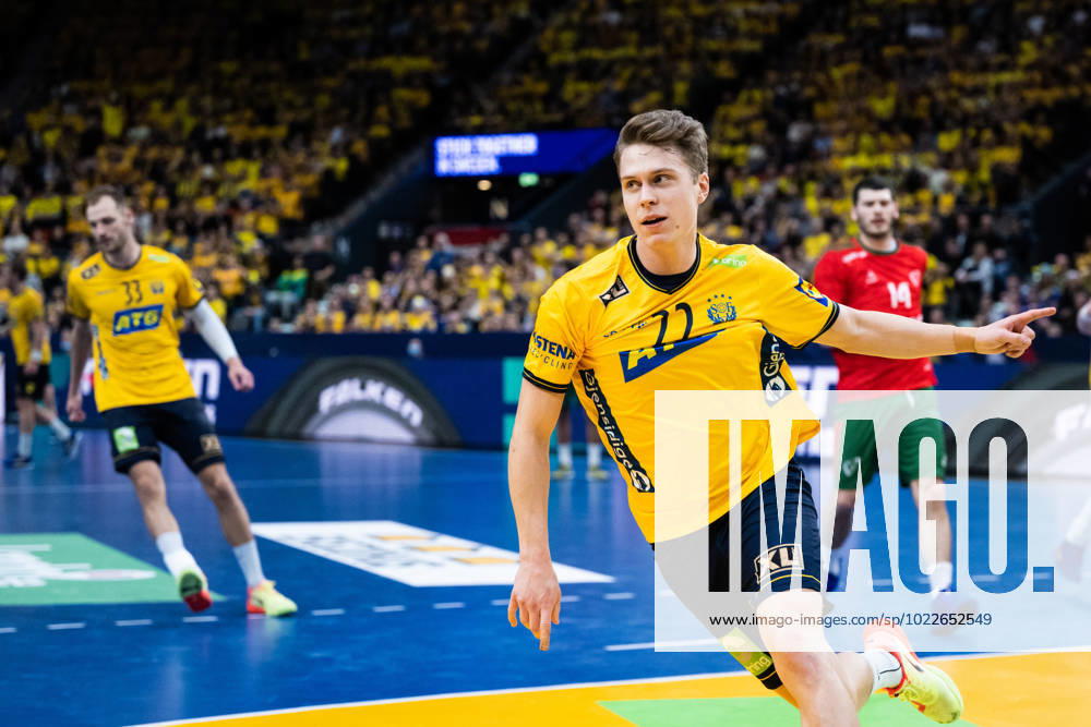 Lucas Pellas of Sweden celebrates during the 2023 IHF World Mens Handball Championship match between Sweden and Portugal on January 22, 2023 in Gothenburg Photo Carl Sandin BILDBYRAN code CS MI0407 handball handball handball ihf 2023 world mens handball championship handballs vm vm sweden sweden portugal 2023 ihf world mens handball championship day 12 bbeng jbuel,