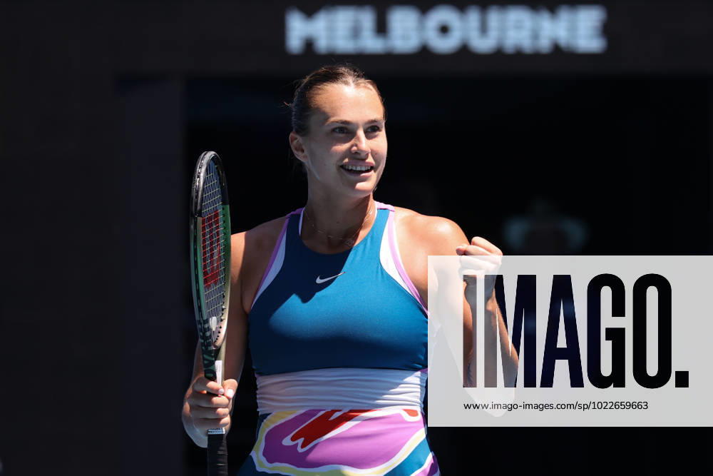 Aryna Sabalenka reacts after defeating Belinda Bencic of Switzerland 7-5 6-2 during round 4 match Day 8 at the Australian Open Tennis 2023 at Rod Laver Arena, Melbourne, Australia on 23 January 2023.