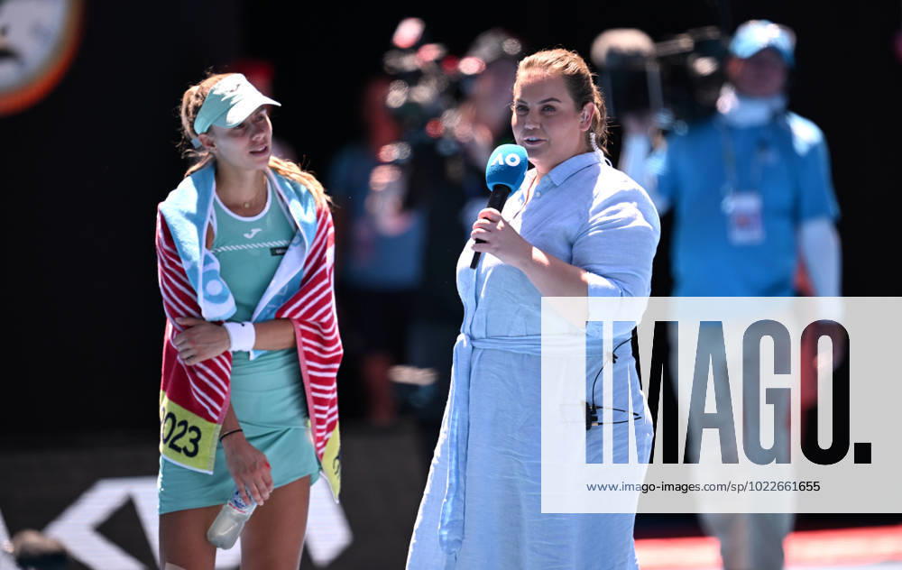 TENNIS AUSTRALIAN OPEN, Former player turned television comentator Jelena Dokic is seen interviewing Donna Vekic of Croatia following her fourth round win at the 2023 Australian Open tennis championship at Melbourne Park in Melbourne, Monday, January 23, 2023. ( NO ARCHIVING, , NO USE IN BOOKS WITHOUT CONSENT MELBOURNE VICTORIA AUSTRALIA