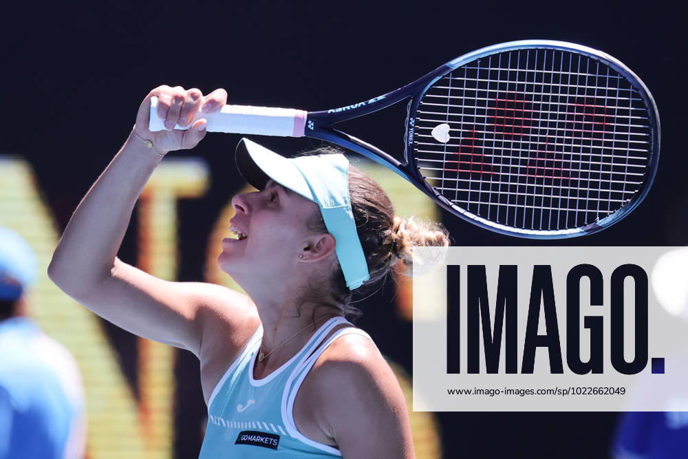 Magda Linette of Poland celebrates defeating Caroline Garcia of France 7-6 6-4, Day 8 at the Australian Open Tennis 2023 at Rod Laver Arena, Melbourne, Australia on 23 January 2023.