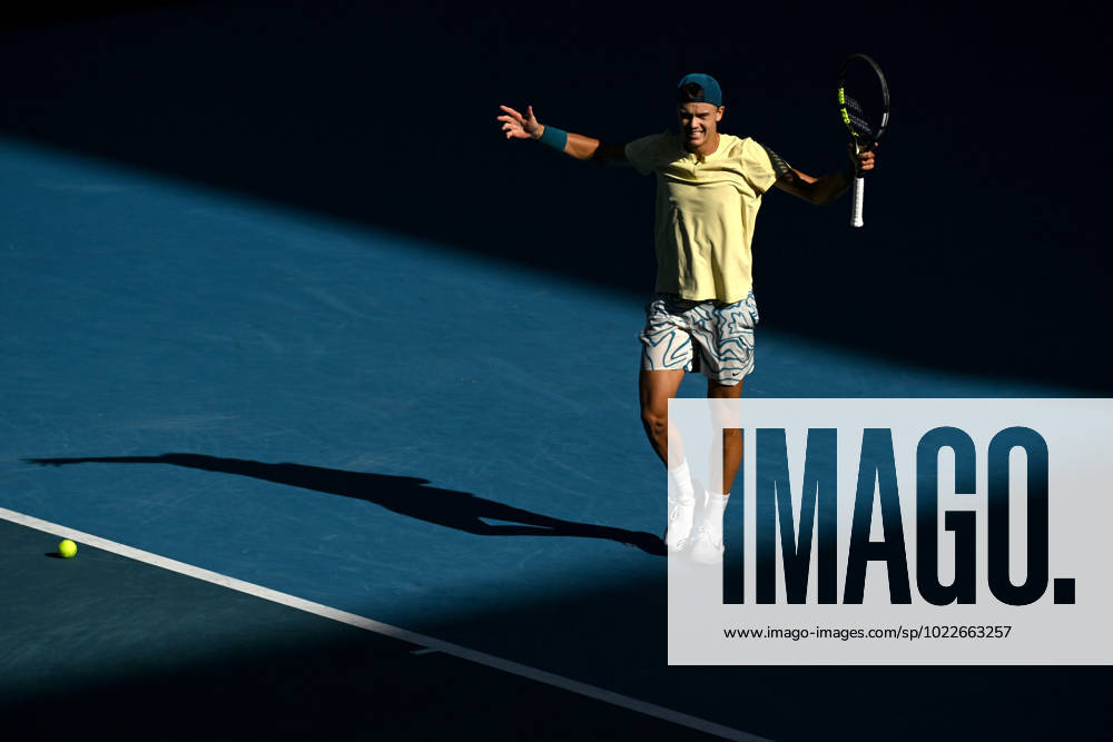 TENNIS AUSTRALIAN OPEN, Holger Rune of Denmark reacts against Andrey Rublev of Russia during their fourth round match at 2023 Australian Open tennis championship at Melbourne Park in Melbourne, Monday, January 23. ( NO ARCHIVING, , NO USE IN BOOKS WITHOUT CONSENT MELBOURNE VICTORIA AUSTRALIA
