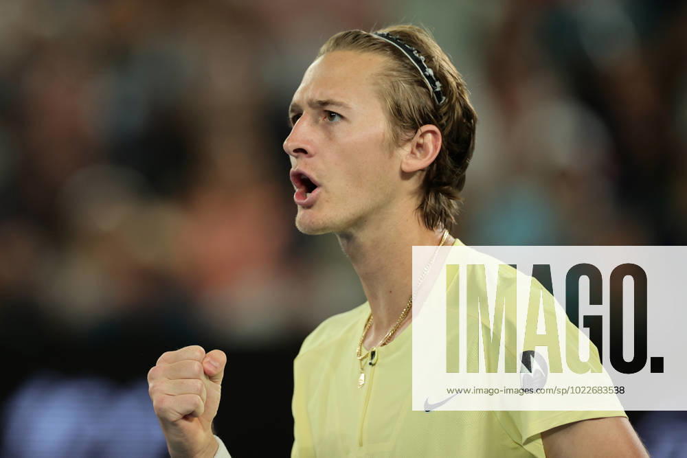 Sebastian Korda of USA reacts against Karen Khachanov during the Quarter Final match, Day 9 at the Australian Open Tennis 2023 at Rod Laver Arena, Melbourne, Australia on 24 January 2023.