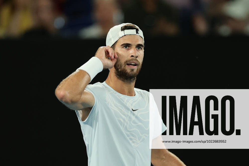 Karen Khachanov ireacts after winning first set 7-6 against Sebastian Korda of USA during the Quarter Final match, Day 9 at the Australian Open Tennis 2023 at Rod Laver Arena, Melbourne, Australia on 24 January 2023.