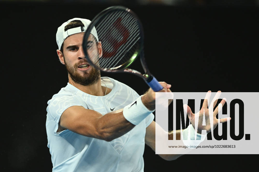 TENNIS AUSTRALIAN OPEN, Karen Khachanov in action during his Quarterfinal match against Sebastian Korda of the USA at the 2023 Australian Open tennis tournament at Melbourne Park in Melbourne, Tuesday, January 24, 2023. ( NO ARCHIVING, , NO USE IN BOOKS WITHOUT CONSENT MELBOURNE VICTORIA AUSTRALIA