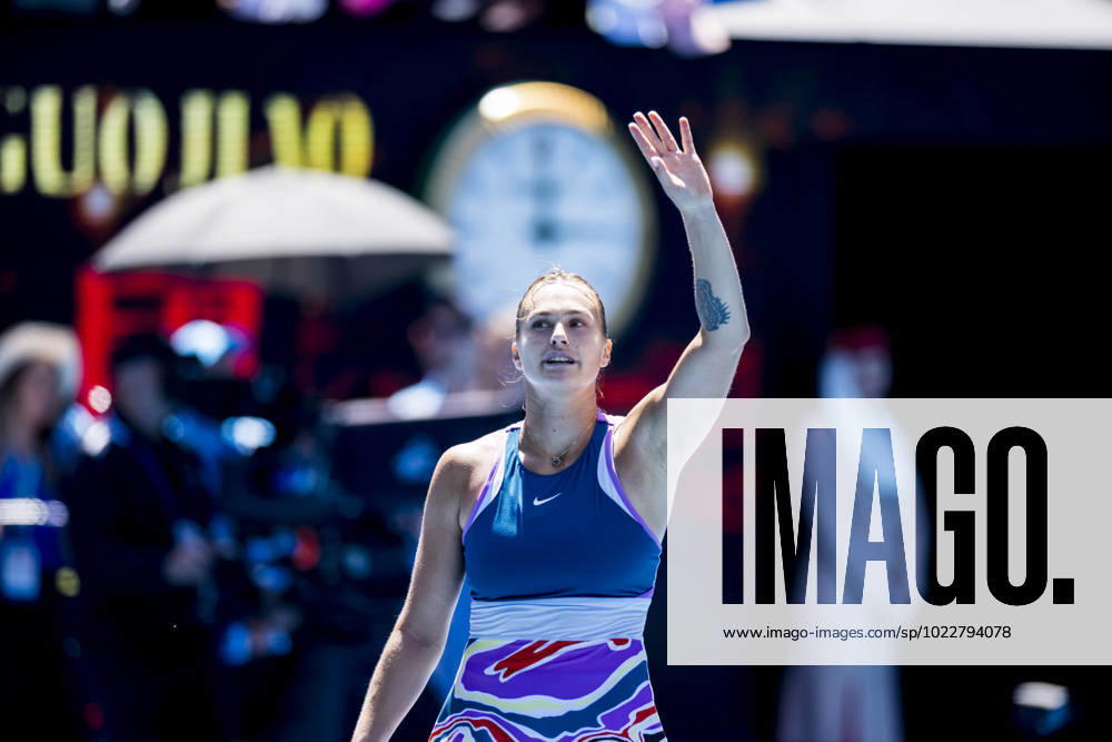 MELBOURNE, VIC - JANUARY 25: Aryna Sabalenka of Belarus celebrates after winning her match during the Quarterfinals of the 2023 Australian Open on January 25 2023, at Melbourne Park in Melbourne, Australia. (Photo by Jason Heidrich Icon Sportswire) TENNIS: JAN 25 Australian Open Icon230125080