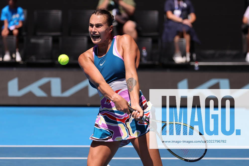 Aryna Sabalenka in action against Donna Vekic of Croatia in the Quarter Final match, Day 10 at the Australian Open Tennis 2023 at Rod Laver Arena, Melbourne, Australia on 25 January 2023.