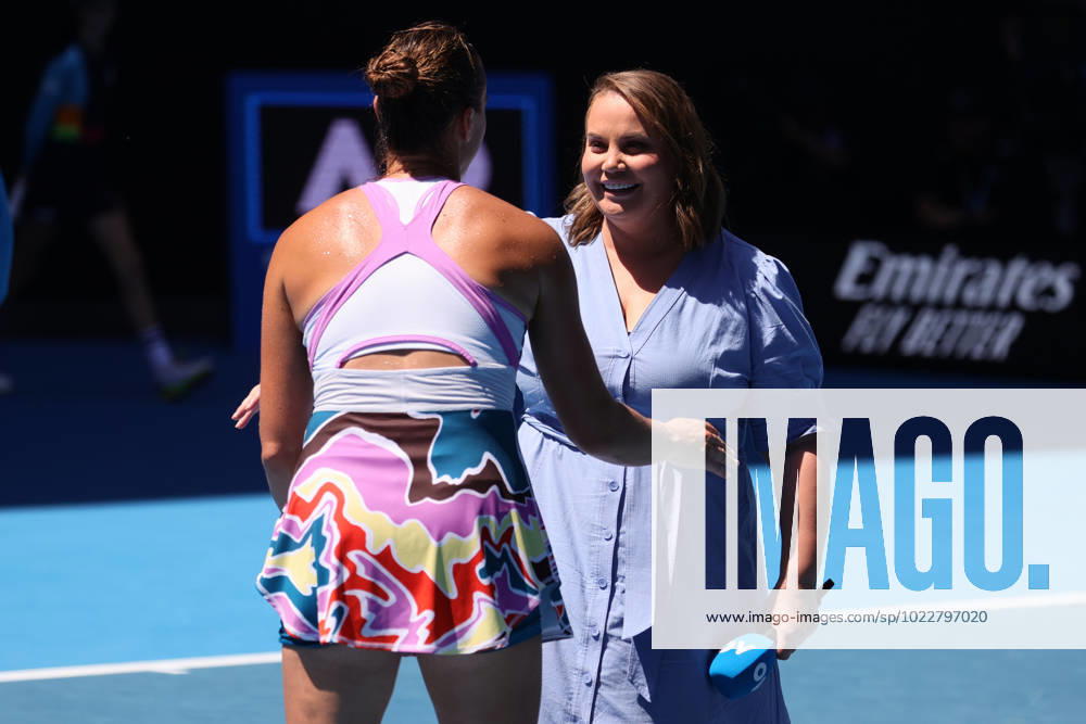 Jelena Doric hugs Aryna Sabalenka after defeating Donna Vekic of Croatia 6-3 6-2 in the Quarter Final match, Day 10 at the Australian Open Tennis 2023 at Rod Laver Arena, Melbourne, Australia on 25 January 2023.
