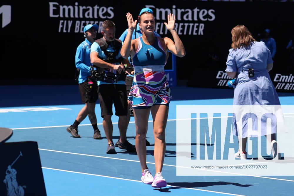 Aryna Sabalenka celebrates defeating Donna Vekic of Croatia 6-3 6-2 in the Quarter Final match, Day 10 at the Australian Open Tennis 2023 at Rod Laver Arena, Melbourne, Australia on 25 January 2023.