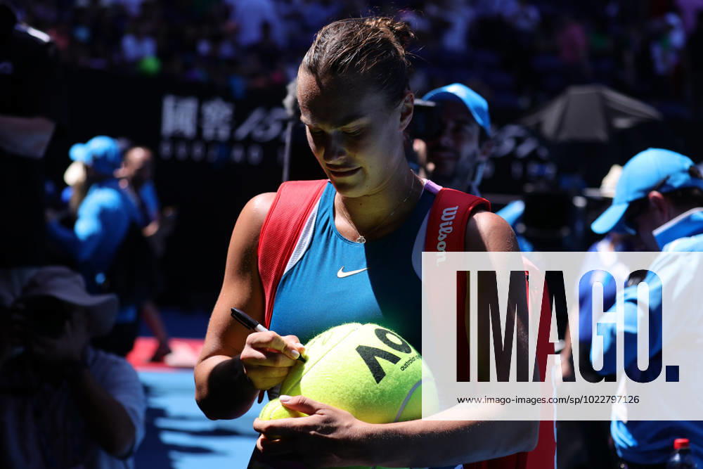 Aryna Sabalenka signs tennis balls after defeating Donna Vekic of Croatia 6-3 6-2 in the Quarter Final match, Day 10 at the Australian Open Tennis 2023 at Rod Laver Arena, Melbourne, Australia on 25 January 2023.