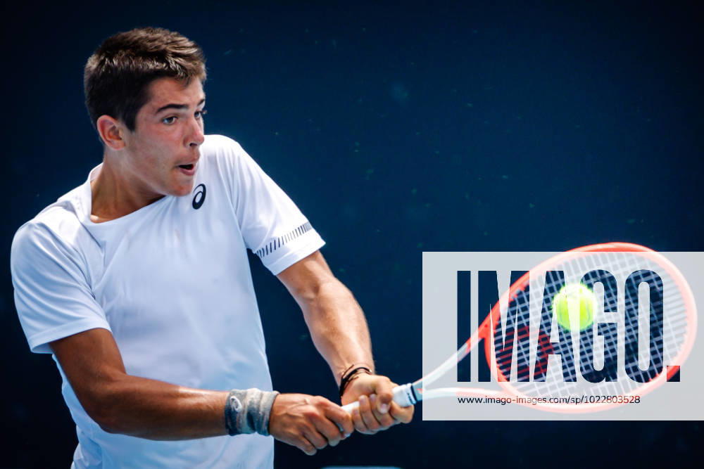 Adriano Dzhenev pictured in action at a tennis match between Belgian Blockx and Bulgarian Dzhenev, in round 3 of the junior boys singles at the Australian Open tennis Grand Slam, Wednesday 25 January 2023 in Melbourne Park, Melbourne, Australia. PATRICKxHAMILTON x58736519x