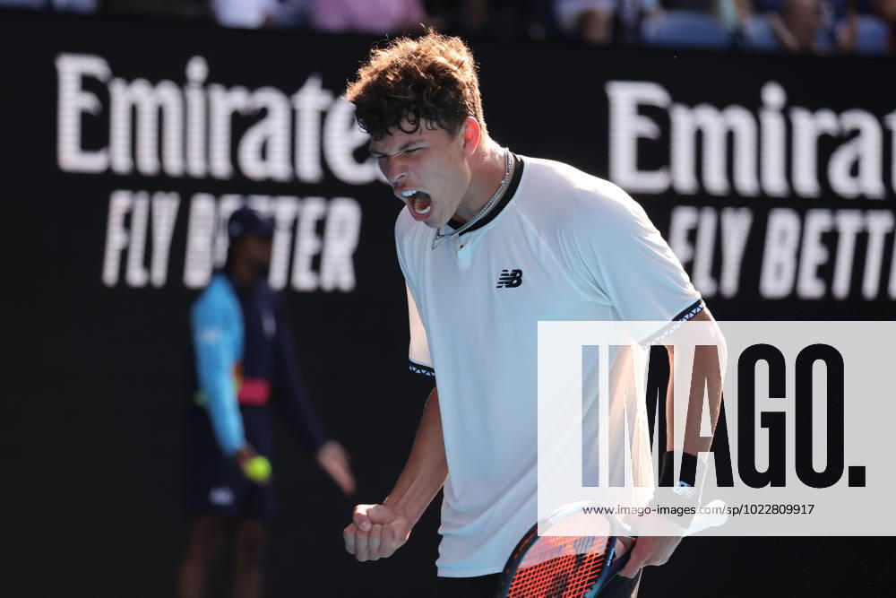 Ben Shelton of USA in action during the Quarter Final match between Tommy Paul of USA and Ben Shelton of USA, Day 10 at the Australian Open Tennis 2023 at Rod Laver Arena, Melbourne, Australia on 25 January 2023.