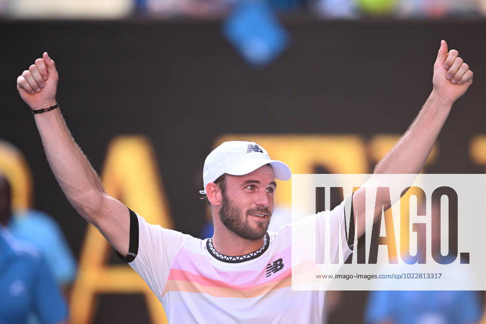 TENNIS AUSTRALIAN OPEN, Tommy Paul of the USA celebrates match point during his Quarterfinals match against Ben Shelton of the USA at the 2023 Australian Open tennis tournament at Melbourne Park in Melbourne, Wednesday, January 25, 2023. ( NO ARCHIVING, , NO USE IN BOOKS WITHOUT CONSENT MELBOURNE VICTORIA AUSTRALIA