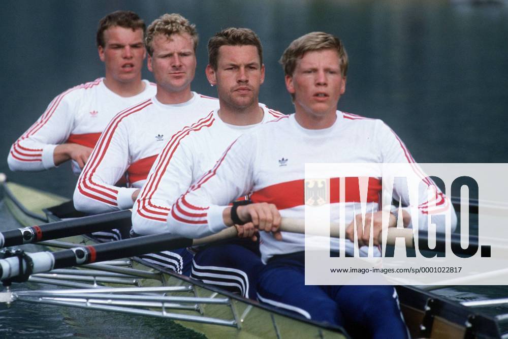Deutschland-Vierer mit Bahne Rabe, Armin Weyrauch, Armin Eichholz und Matthias Ungemach Rudern Herren Rennrudern 1991, Rudersport, Nationalmannschaft, Nationalteam, Nationaltrikot, 4er, 4 er, Vdia Gruppe