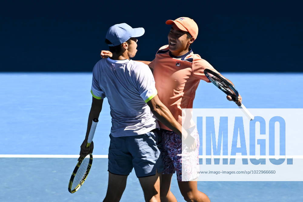 TENNIS AUSTRALIAN OPEN, Rinky Hijikata and Jason Kubler of Australia celebrate after winning their Men?s Doubles semi finals against Marcel Granollers of Spain and Horacio Zeballos of Argentina at the 2023 Australian Open tennis championship at Melbourne Park in Melbourne, Thursday, January 26, 2023. ( NO ARCHIVING, , NO USE IN BOOKS WITHOUT CONSENT MELBOURNE VICTORIA AUSTRALIA