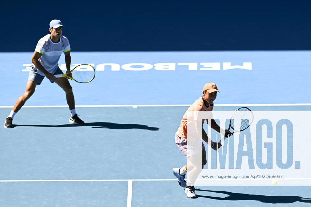 TENNIS AUSTRALIAN OPEN, Rinky Hijikata (right) and Jason Kubler of Australia in action during their Men?s Doubles semi finals against Marcel Granollers of Spain and Horacio Zeballos of Argentina at the 2023 Australian Open tennis championship at Melbourne Park in Melbourne, Thursday, January 26, 2023. ( NO ARCHIVING, , NO USE IN BOOKS WITHOUT CONSENT MELBOURNE VICTORIA AUSTRALIA