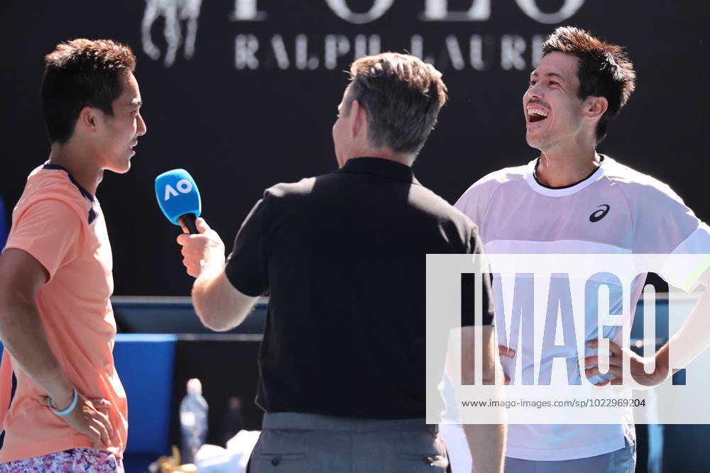 Ricky Hijikata and Jason Kubler of Australia interviewed by Todd Woodbridge after defeating Marcel Granollers of Spain and Horacio Zeballos of Argentina in the Doubles Semi Final 6-4 6-2, Day 11 at the Australian Open Tennis 2023 at Rod Laver Arena, Melbourne, Australia on 26 January 2023.
