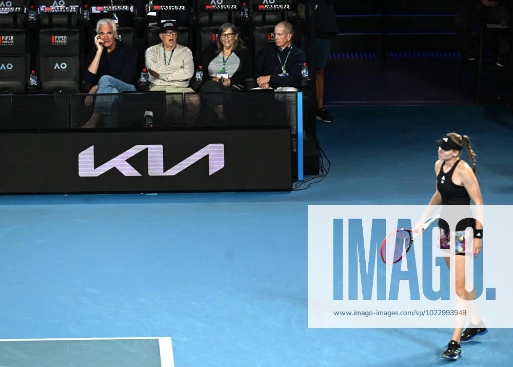 TENNIS AUSTRALIAN OPEN, Bill Gates (2L ) looks on to Elena Rybakina of Kazakhstan during her semi final match against Victoria Azarenka of Belarus at the 2023 Australian Open tennis championship at Melbourne Park in Melbourne, Thursday, January 26, 2023. ( NO ARCHIVING, , NO USE IN BOOKS WITHOUT CONSENT MELBOURNE VICTORIA AUSTRALIA